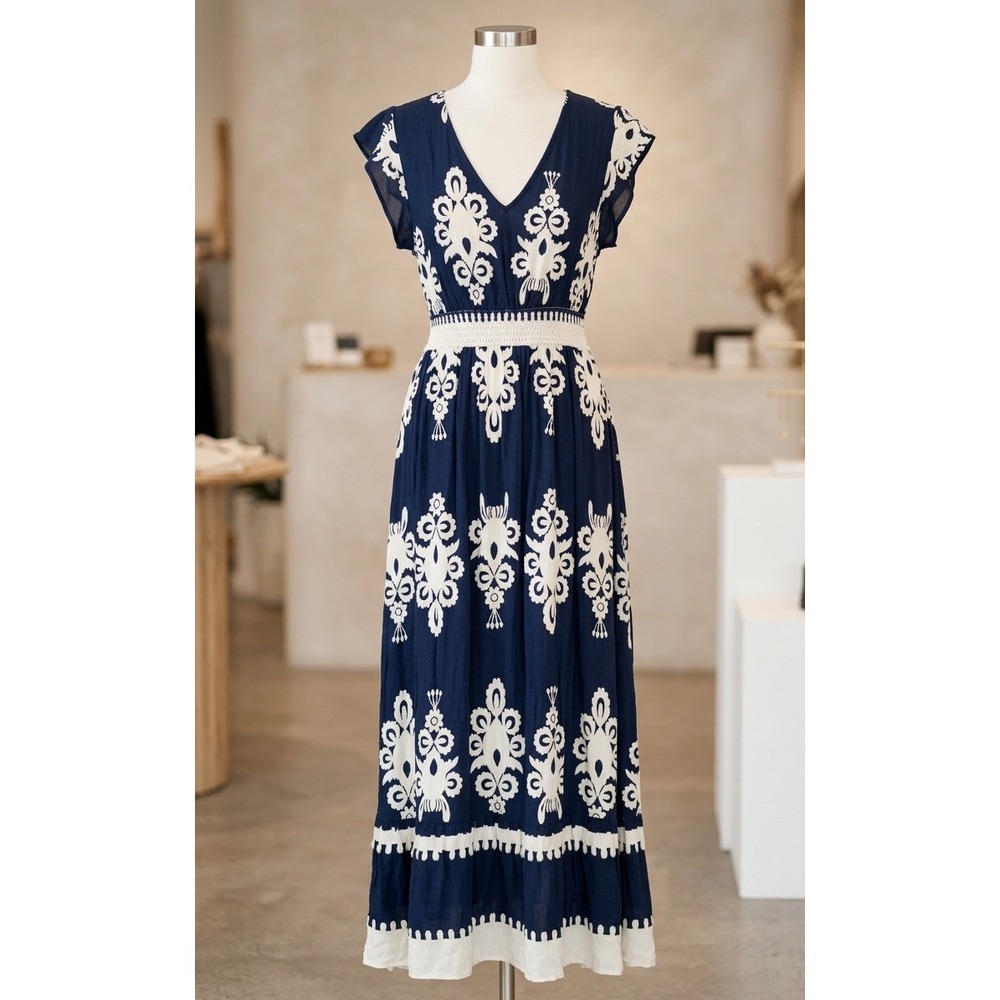 Boho Navy White Embroidered Maxi Dress V-Neck Smocked Waist Long Sleeve Festival
